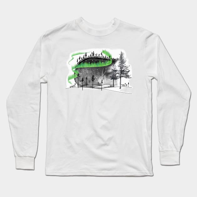 Reindeer sleeping under Northern lights Long Sleeve T-Shirt by Aurealis